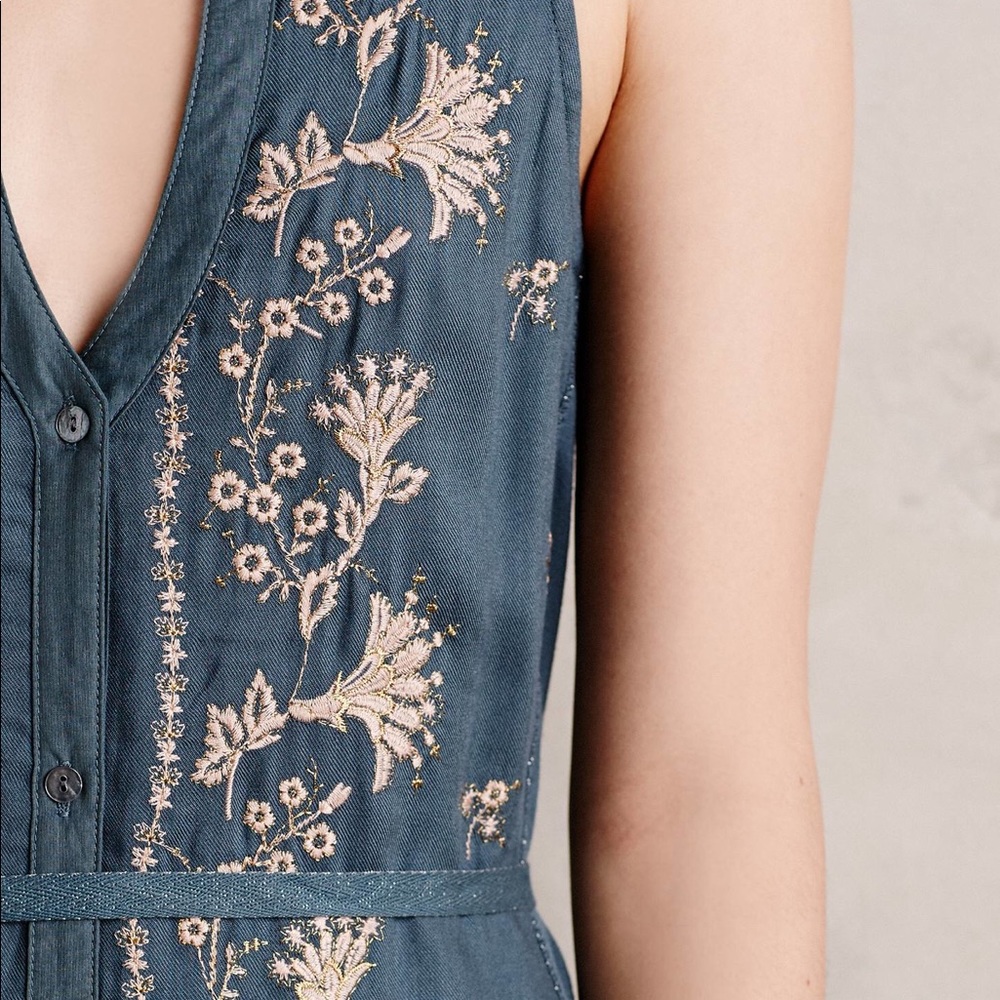 Anthropologie Teal Blue Dress with Blush Embroidery